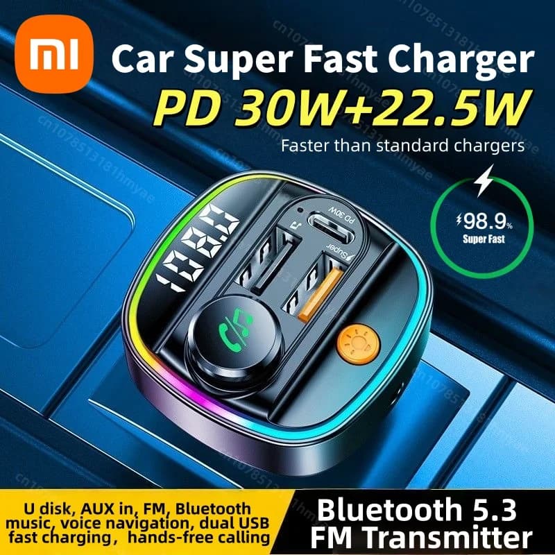 Xiaomi PD30W Fast Charger Bluetooth 5.3 FM Transmitter Handsfree Car AUX Radio Modulator MP3 Player with Adapter Car Accessories